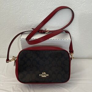 Coach Jes Crossbody Bag Signature C Leather 68168 True Red Brown Gold 10 X 6.5